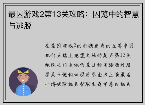 最囚游戏2第13关攻略：囚笼中的智慧与逃脱